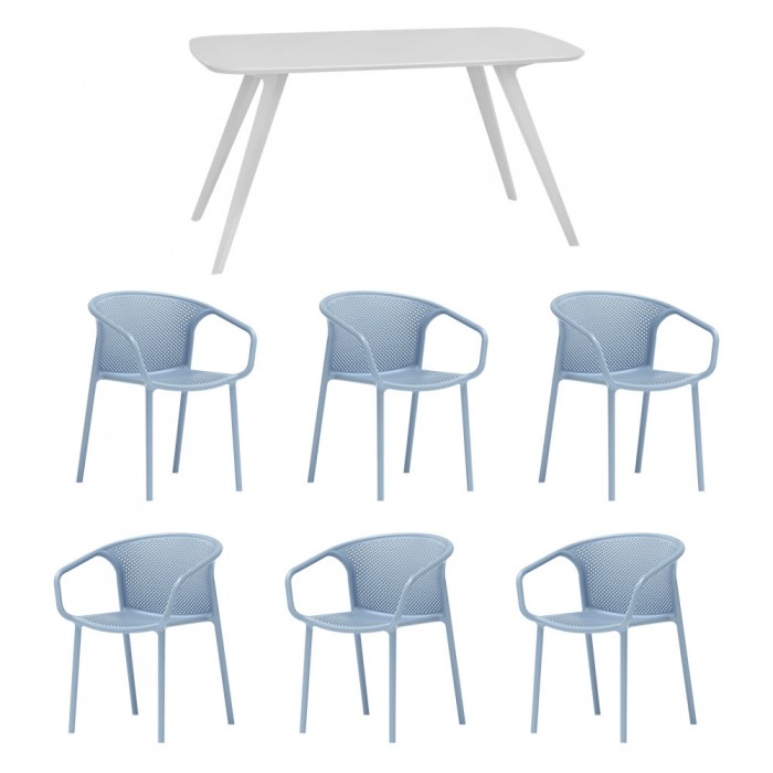 Set mobila bucatarie/sufragerie RAKI, masa alba 140x80xh75cm Keatley MDF/metal si 6 scaune polipropilena cu spatar rotunjit Chicago 57x57xh77cm albastre