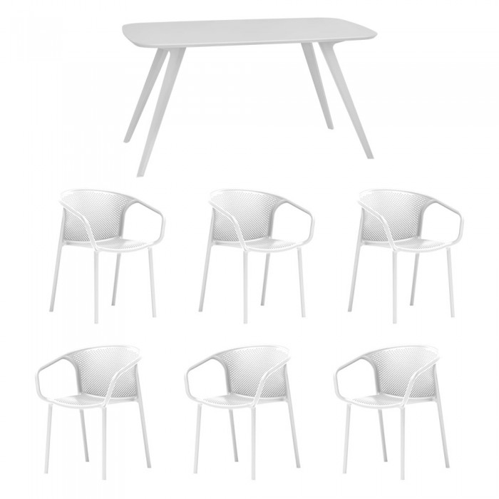 Set mobila bucatarie/sufragerie RAKI, masa alba 140x80xh75cm Keatley MDF/metal si 6 scaune polipropilena cu spatar rotunjit Chicago 57x57xh77cm albe