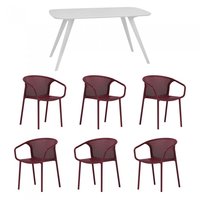 Set mobila bucatarie/sufragerie RAKI, masa alba 140x80xh75cm Keatley MDF/metal si 6 scaune polipropilena cu spatar rotunjit Chicago 57x57xh77cm bordo