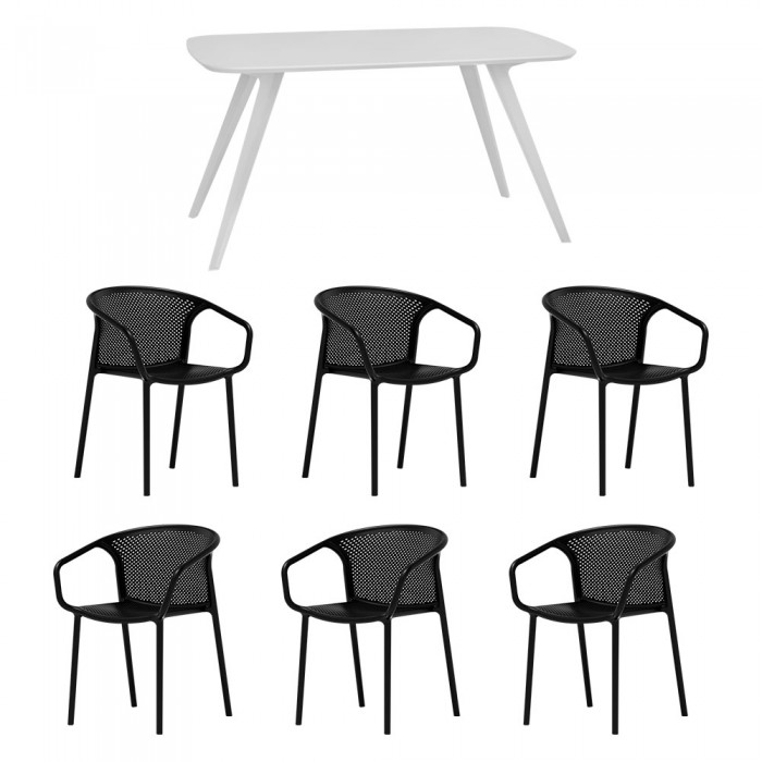 Set mobila bucatarie/sufragerie RAKI, masa alba 140x80xh75cm Keatley MDF/metal si 6 scaune polipropilena cu spatar rotunjit Chicago 57x57xh77cm negre