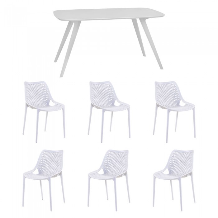 Set mobila bucatarie/sufragerie RAKI, masa alba 140x80xh75cm Keatley MDF/metal si 6 scaune polipropilena London Air 61x51xh82cm albe