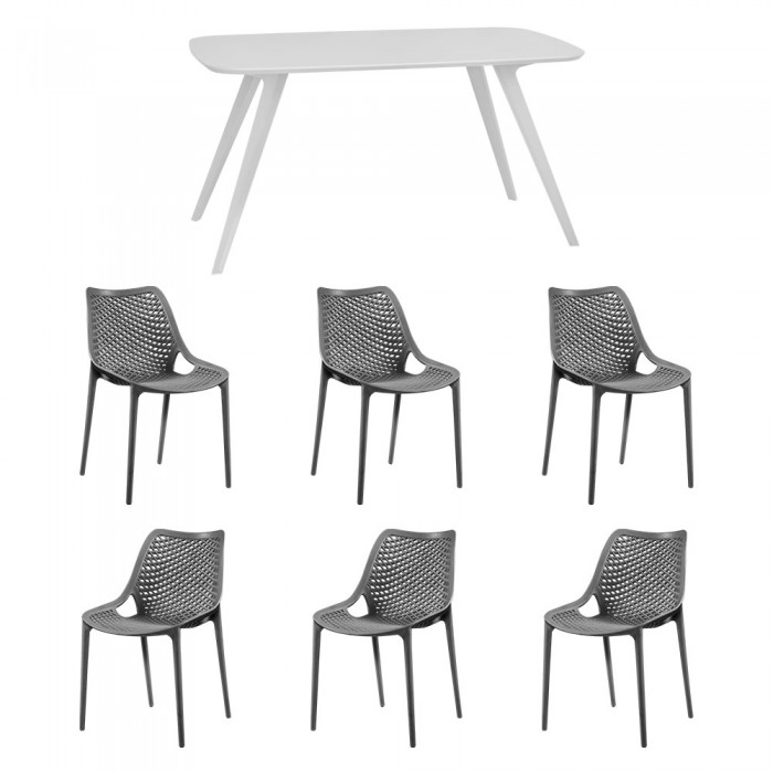Set mobila bucatarie/sufragerie RAKI, masa alba 140x80xh75cm Keatley MDF/metal si 6 scaune polipropilena London Air 61x51xh82cm gri