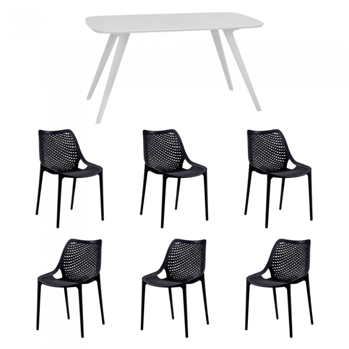 Set mobila bucatarie/sufragerie RAKI, masa alba 140x80xh75cm Keatley MDF/metal si 6 scaune polipropilena London Air 61x51xh82cm negre