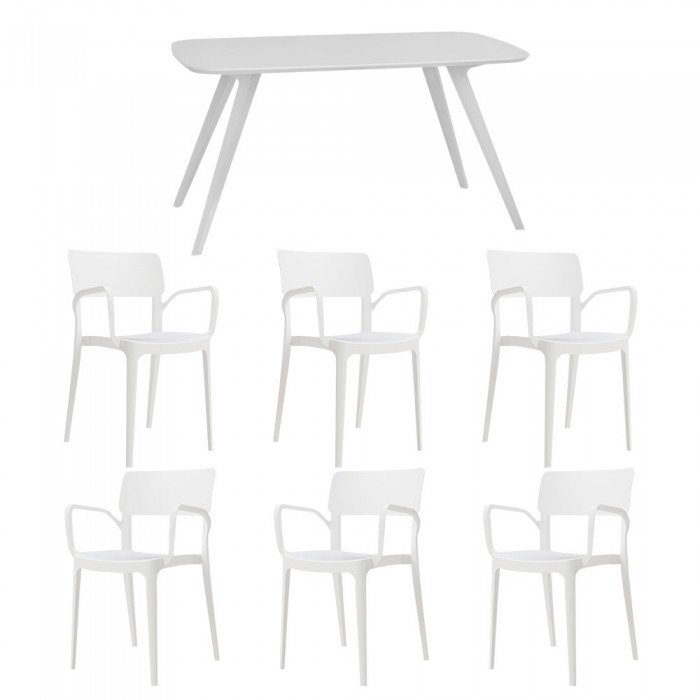 Set mobila bucatarie/sufragerie RAKI, masa alba 140x80xh75cm Keatley MDF/metal si 6 scaune polipropilena Panora 54x51xh82cm albe