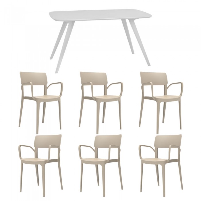 Set mobila bucatarie/sufragerie RAKI, masa alba 140x80xh75cm Keatley MDF/metal si 6 scaune polipropilena Panora 54x51xh82cm bej