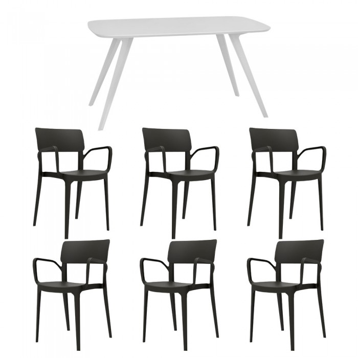 Set mobila bucatarie/sufragerie RAKI, masa alba 140x80xh75cm Keatley MDF/metal si 6 scaune polipropilena Panora 54x51xh82cm negre