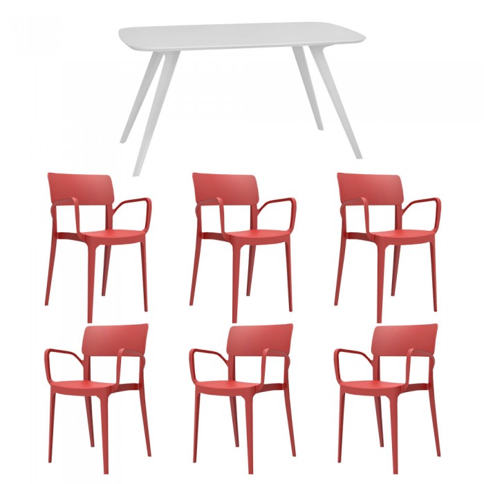 Set mobila bucatarie/sufragerie RAKI, masa alba 140x80xh75cm Keatley MDF/metal si 6 scaune polipropilena Panora 54x51xh82cm rosii