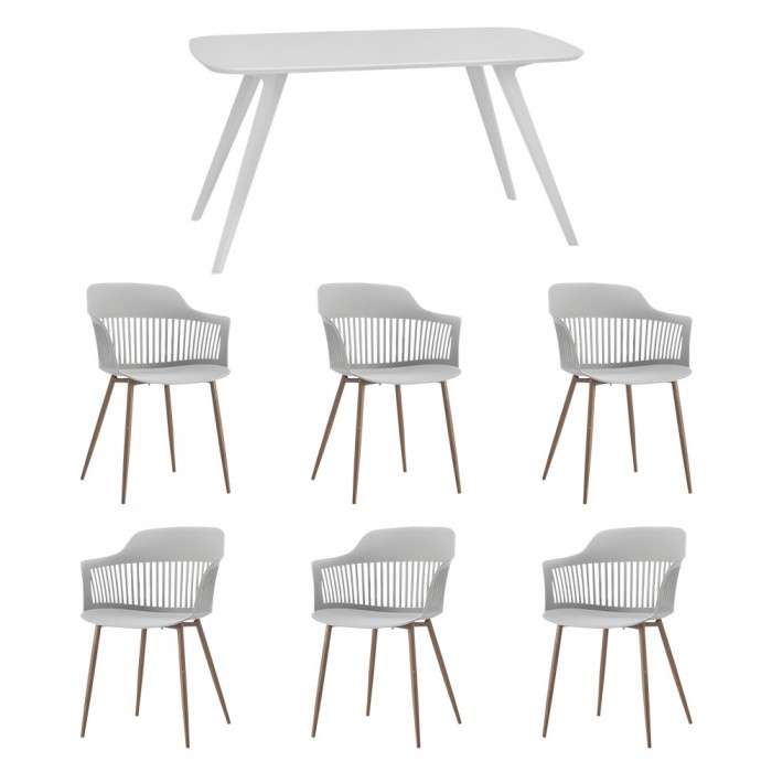 Set mobila bucatarie/sufragerie RAKI, masa alba 140x80xh75cm Keatley MDF/metal si 6 scaune polipropilena/picioare metalice Florida 53x59xh81cm albe