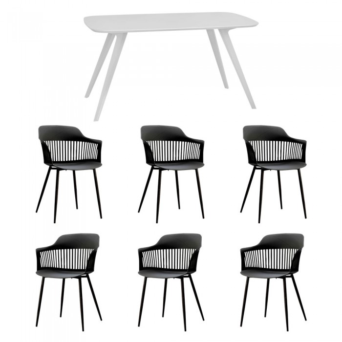 Set mobila bucatarie/sufragerie RAKI, masa alba 140x80xh75cm Keatley MDF/metal si 6 scaune polipropilena/picioare metalice Florida 53x59xh81cm negre