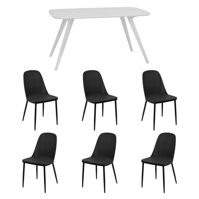 Set mobila bucatarie/sufragerie RAKI, masa alba 140x80xh75cm Keatley MDF/metal si 6 scaune polipropilena/picioare metalice Orlando negre 54x46xh80cm