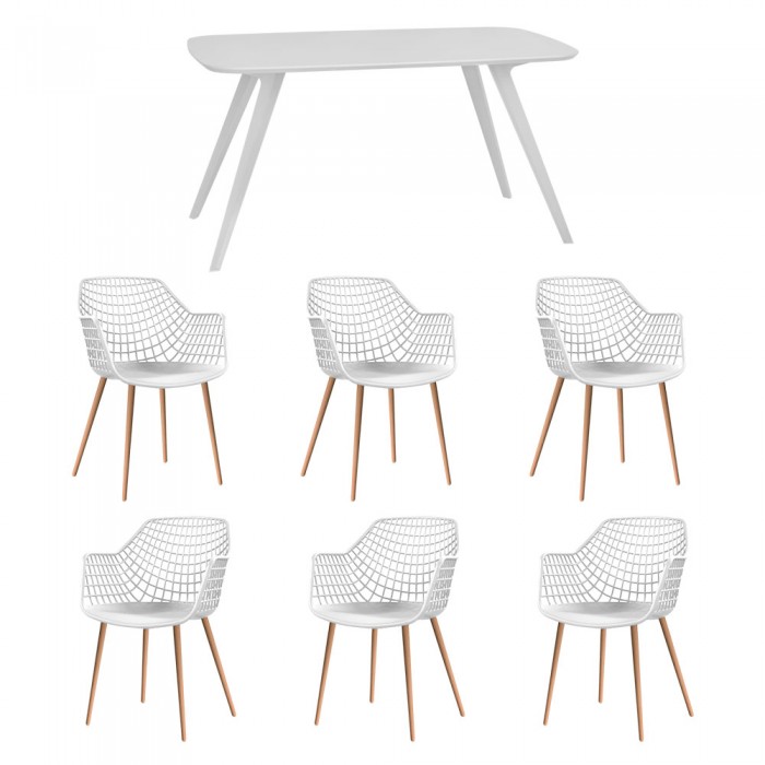 Set mobila bucatarie/sufragerie RAKI, masa alba 140x80xh75cm Keatley MDF/metal si 6 scaune polipropilena/picioare metalice Toyama 56x57xh84cm albe