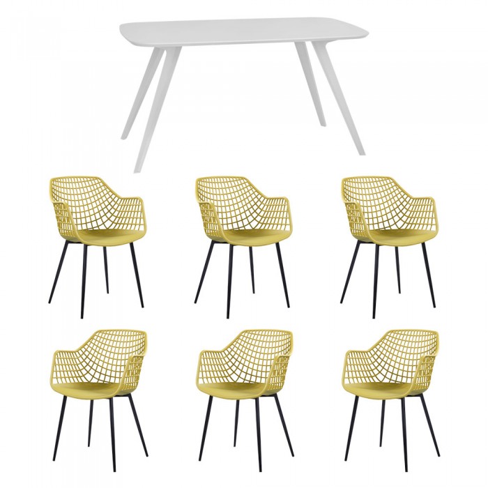Set mobila bucatarie/sufragerie RAKI, masa alba 140x80xh75cm Keatley MDF/metal si 6 scaune polipropilena/picioare metalice Toyama 56x57xh84cm galben/negru