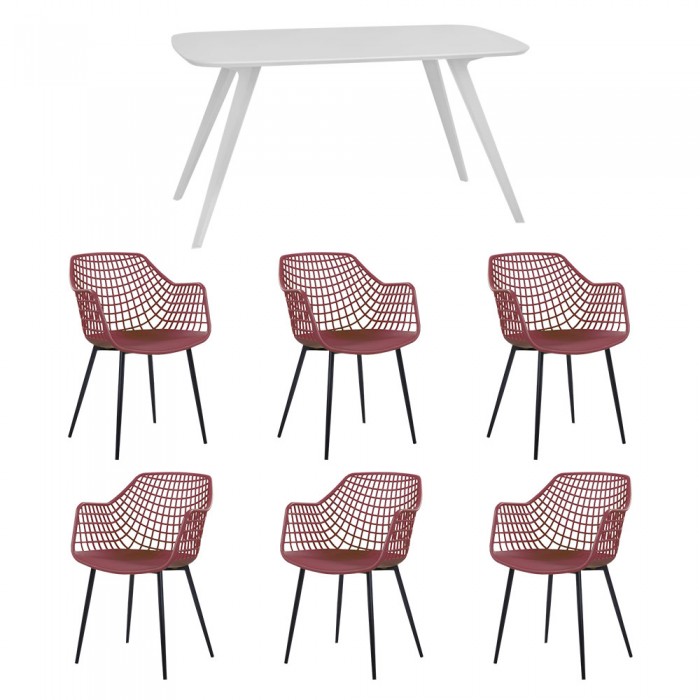 Set mobila bucatarie/sufragerie RAKI, masa alba 140x80xh75cm Keatley MDF/metal si 6 scaune polipropilena/picioare metalice Toyama 56x57xh84cm mov/negru