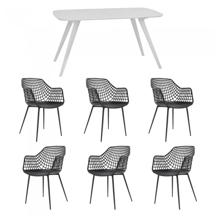 Set mobila bucatarie/sufragerie RAKI, masa alba 140x80xh75cm Keatley MDF/metal si 6 scaune polipropilena/picioare metalice Toyama 56x57xh84cm negre