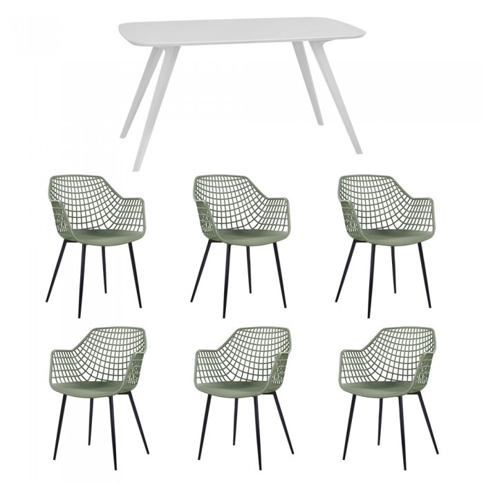 Set mobila bucatarie/sufragerie RAKI, masa alba 140x80xh75cm Keatley MDF/metal si 6 scaune polipropilena/picioare metalice Toyama 56x57xh84cm verde/negru