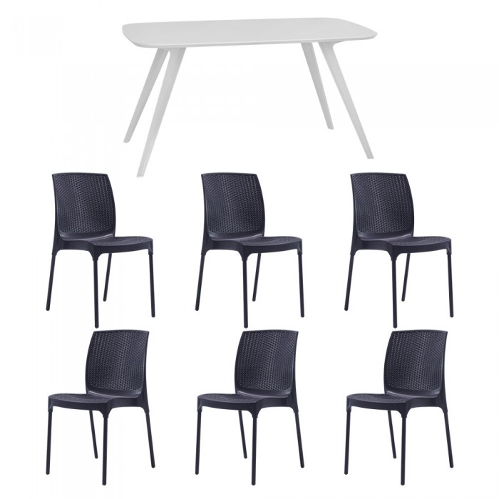 Set mobila bucatarie/sufragerie RAKI, masa alba 140x80xh75cm Keatley MDF/metal si 6 scaune polipropilena Sunny Rattan 45x56xh84cm antracit
