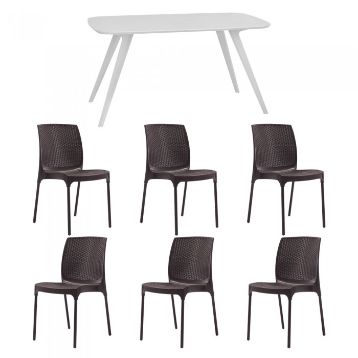 Set mobila bucatarie/sufragerie RAKI, masa alba 140x80xh75cm Keatley MDF/metal si 6 scaune polipropilena Sunny Rattan 45x56xh84cm maro