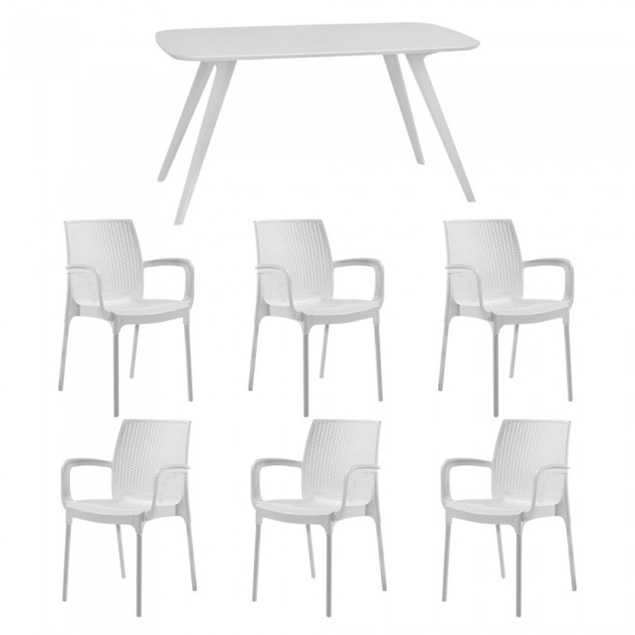 Set mobila bucatarie/sufragerie RAKI, masa alba 140x80xh75cm Keatley MDF/metal si 6 scaune polipropilena Sunset Rattan 57x57xh84cm albe