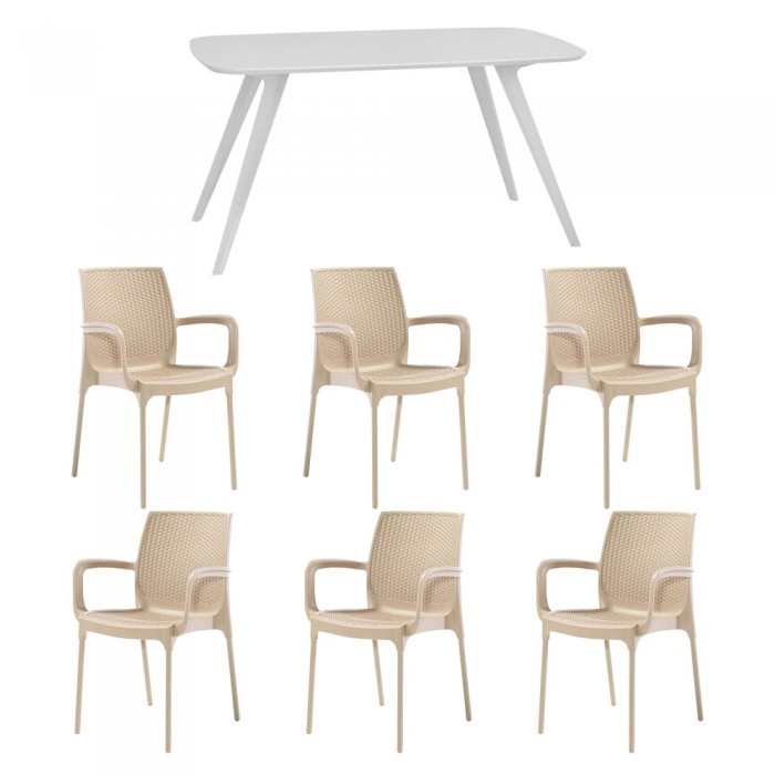 Set mobila bucatarie/sufragerie RAKI, masa alba 140x80xh75cm Keatley MDF/metal si 6 scaune polipropilena Sunset Rattan 57x57xh84cm cappuccino