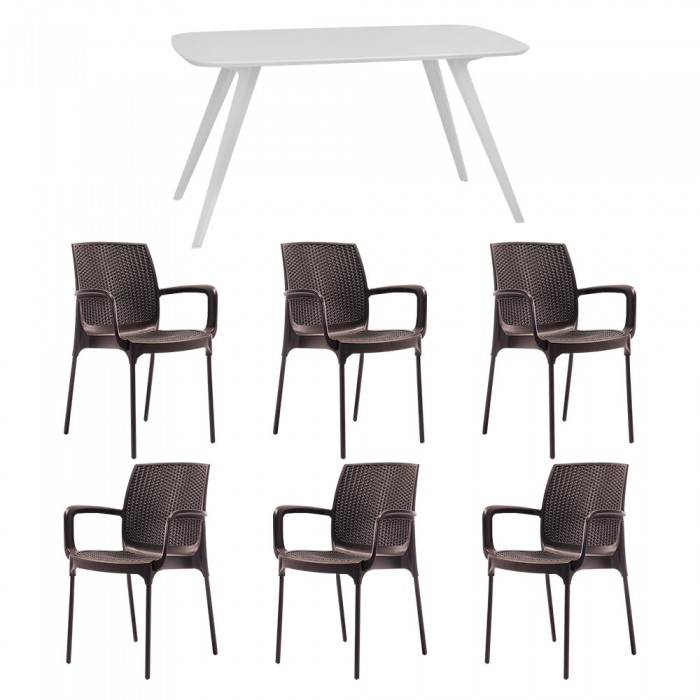 Set mobila bucatarie/sufragerie RAKI, masa alba 140x80xh75cm Keatley MDF/metal si 6 scaune polipropilena Sunset Rattan 57x57xh84cm maro