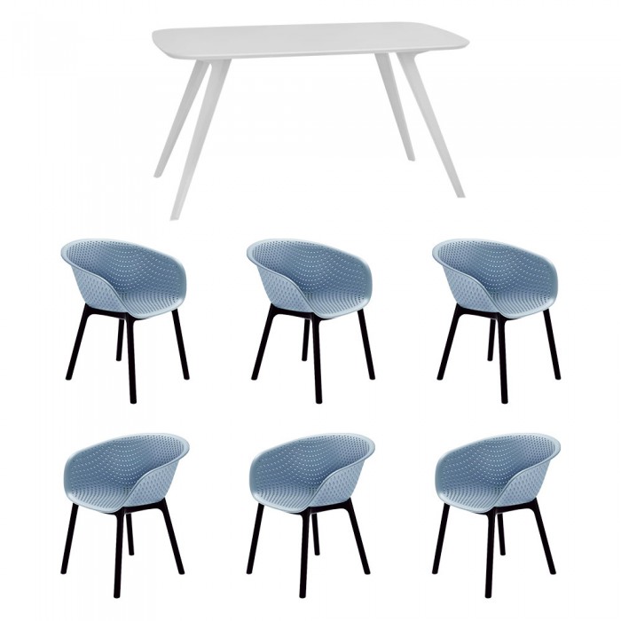 Set mobila bucatarie/sufragerie RAKI, masa alba 140x80xh75cm Keatley MDF/metal si 6 scaune polipropilena tip fotoliu Havana 61x64xh74cm albastre