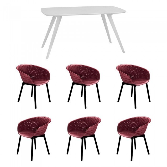 Set mobila bucatarie/sufragerie RAKI, masa alba 140x80xh75cm Keatley MDF/metal si 6 scaune polipropilena tip fotoliu Havana 61x64xh74cm bordo