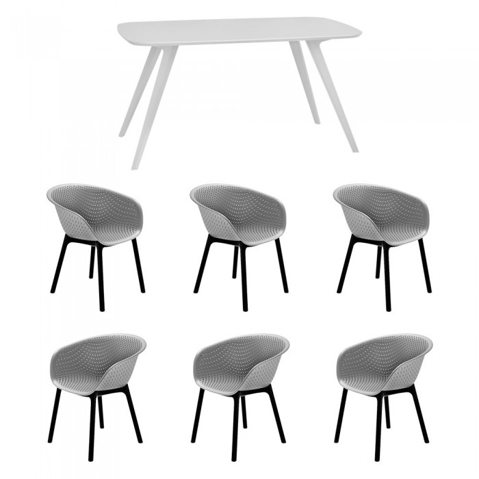 Set mobila bucatarie/sufragerie RAKI, masa alba 140x80xh75cm Keatley MDF/metal si 6 scaune polipropilena tip fotoliu Havana 61x64xh74cm gri