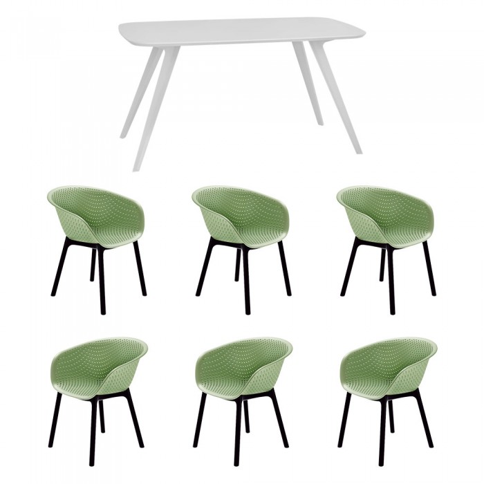 Set mobila bucatarie/sufragerie RAKI, masa alba 140x80xh75cm Keatley MDF/metal si 6 scaune polipropilena tip fotoliu Havana 61x64xh74cm verzi