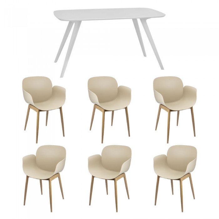 Set mobila bucatarie/sufragerie RAKI, masa alba 140x80xh75cm Keatley MDF/metal si 6 scaune plastic cu picioare metalice Tulsa bej 58x54xh82cm