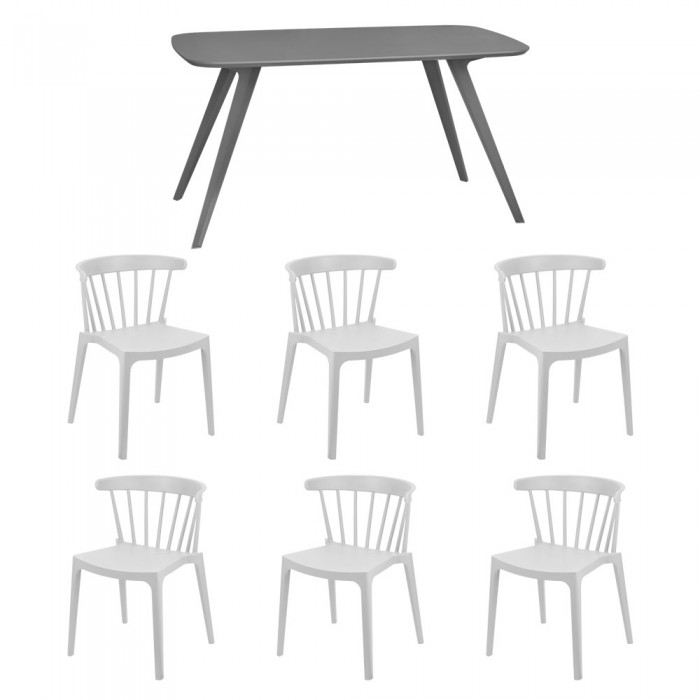 Set mobila bucatarie/sufragerie RAKI, masa gri 140x80xh75cm Keatley MDF/metal si 6 scaune polipropilena Aspen albe 53х53хh75cm
