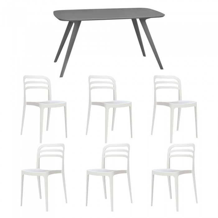 Set mobila bucatarie/sufragerie RAKI, masa gri 140x80xh75cm Keatley MDF/metal si 6 scaune polipropilena Aspen 46x51xh82cm albe
