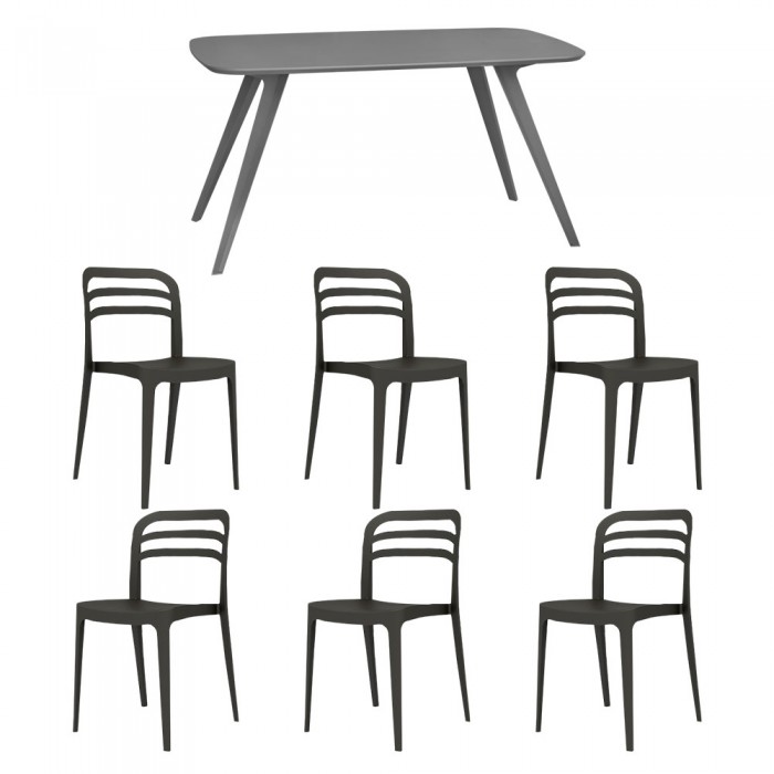 Set mobila bucatarie/sufragerie RAKI, masa gri 140x80xh75cm Keatley MDF/metal si 6 scaune polipropilena Aspen 46x51xh82cm negre