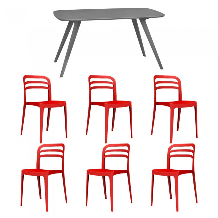 Set mobila bucatarie/sufragerie RAKI, masa gri 140x80xh75cm Keatley MDF/metal si 6 scaune polipropilena Aspen 46x51xh82cm rosii