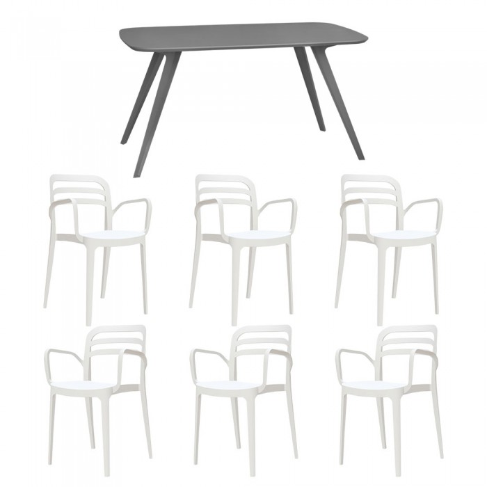 Set mobila bucatarie/sufragerie RAKI, masa gri 140x80xh75cm Keatley MDF/metal si 6 scaune polipropilena Aspendos 54x51xh82cm albe