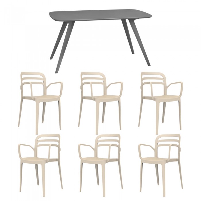 Set mobila bucatarie/sufragerie RAKI, masa gri 140x80xh75cm Keatley MDF/metal si 6 scaune polipropilena Aspendos 54x51xh82cm bej