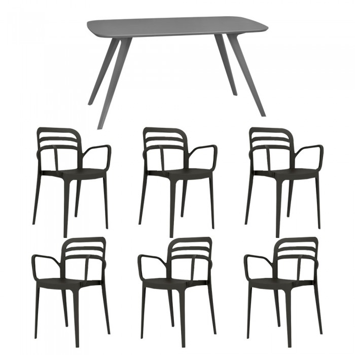 Set mobila bucatarie/sufragerie RAKI, masa gri 140x80xh75cm Keatley MDF/metal si 6 scaune polipropilena Aspendos 54x51xh82cm negre