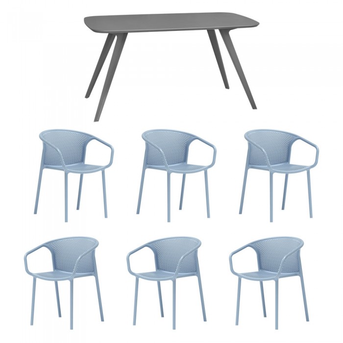 Set mobila bucatarie/sufragerie RAKI, masa gri 140x80xh75cm Keatley MDF/metal si 6 scaune polipropilena cu spatar rotunjit Chicago 57x57xh77cm albastre