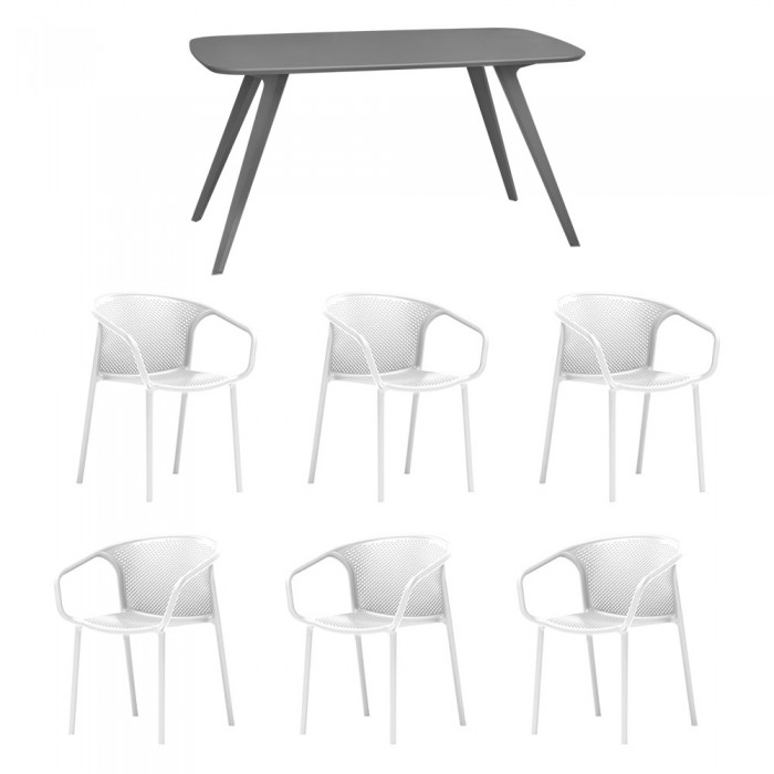 Set mobila bucatarie/sufragerie RAKI, masa gri 140x80xh75cm Keatley MDF/metal si 6 scaune polipropilena cu spatar rotunjit Chicago 57x57xh77cm albe