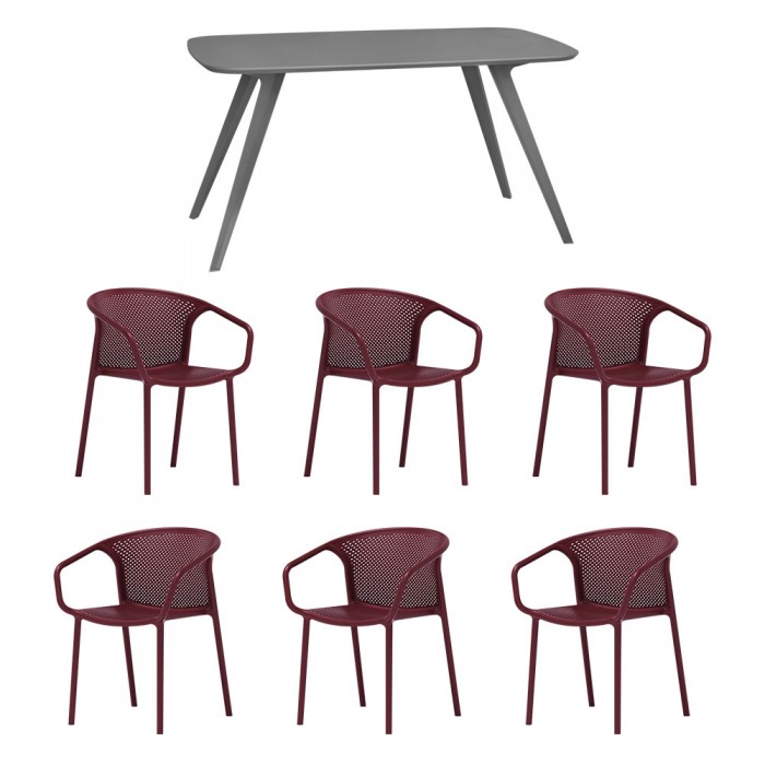 Set mobila bucatarie/sufragerie RAKI, masa gri 140x80xh75cm Keatley MDF/metal si 6 scaune polipropilena cu spatar rotunjit Chicago 57x57xh77cm bordo