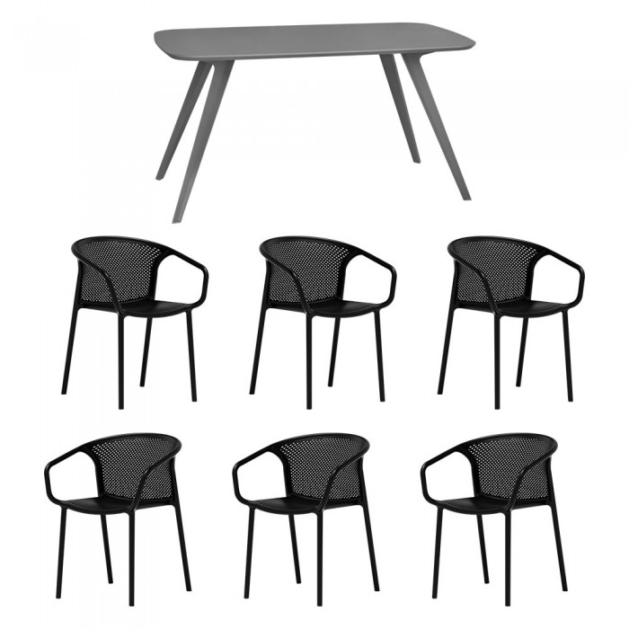 Set mobila bucatarie/sufragerie RAKI, masa gri 140x80xh75cm Keatley MDF/metal si 6 scaune polipropilena cu spatar rotunjit Chicago 57x57xh77cm negre