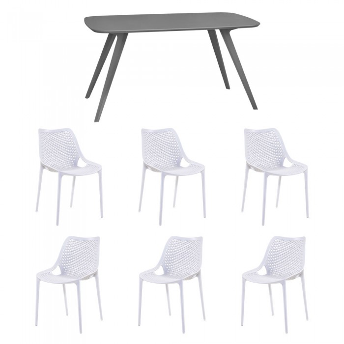 Set mobila bucatarie/sufragerie RAKI, masa gri 140x80xh75cm Keatley MDF/metal si 6 scaune polipropilena London Air 61x51xh82cm albe