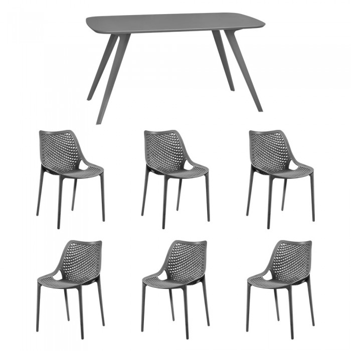 Set mobila bucatarie/sufragerie RAKI, masa gri 140x80xh75cm Keatley MDF/metal si 6 scaune polipropilena London Air 61x51xh82cm gri