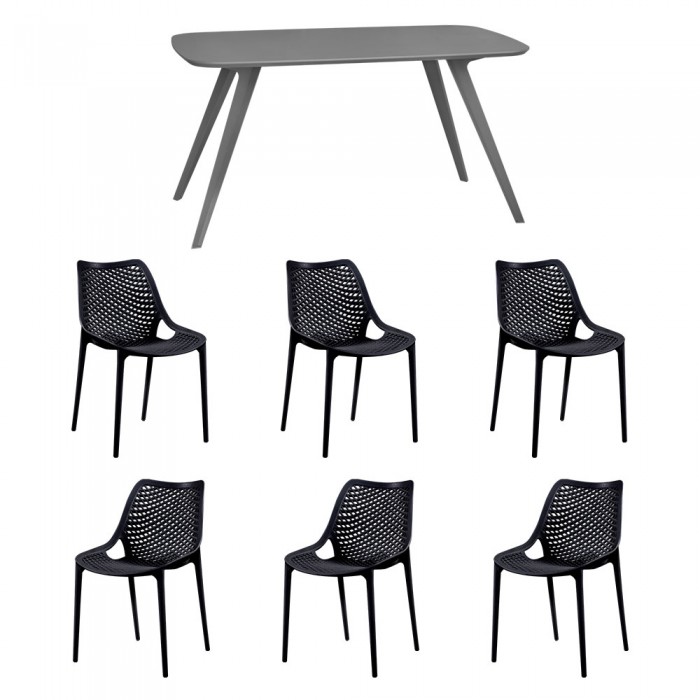 Set mobila bucatarie/sufragerie RAKI, masa gri 140x80xh75cm Keatley MDF/metal si 6 scaune polipropilena London Air 61x51xh82cm negre