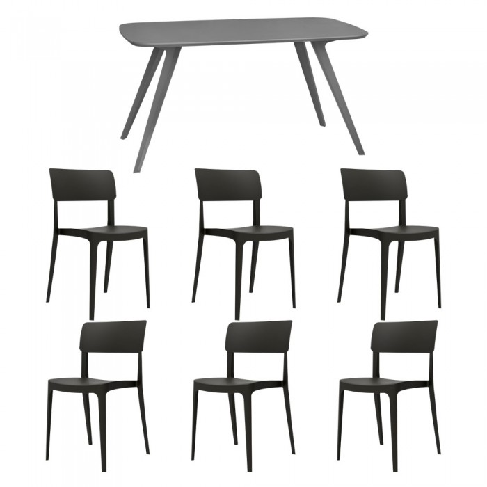 Set mobila bucatarie/sufragerie RAKI, masa gri 140x80xh75cm Keatley MDF/metal si 6 scaune polipropilena Pano 46x51xh82cm negre
