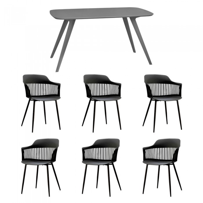 Set mobila bucatarie/sufragerie RAKI, masa gri 140x80xh75cm Keatley MDF/metal si 6 scaune polipropilena/picioare metalice Florida 53x59xh81cm negre
