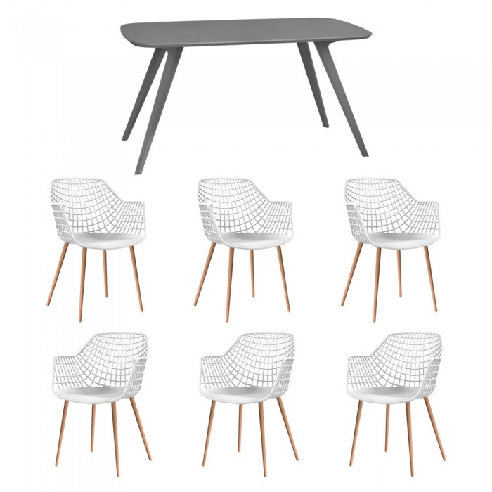 Set mobila bucatarie/sufragerie RAKI, masa gri 140x80xh75cm Keatley MDF/metal si 6 scaune polipropilena/picioare metalice Toyama 56x57xh84cm albe