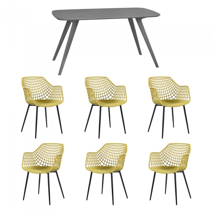 Set mobila bucatarie/sufragerie RAKI, masa gri 140x80xh75cm Keatley MDF/metal si 6 scaune polipropilena/picioare metalice Toyama 56x57xh84cm galben/negru