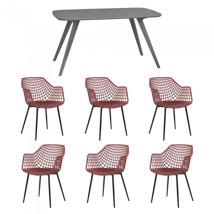Set mobila bucatarie/sufragerie RAKI, masa gri 140x80xh75cm Keatley MDF/metal si 6 scaune polipropilena/picioare metalice Toyama 56x57xh84cm mov/negru