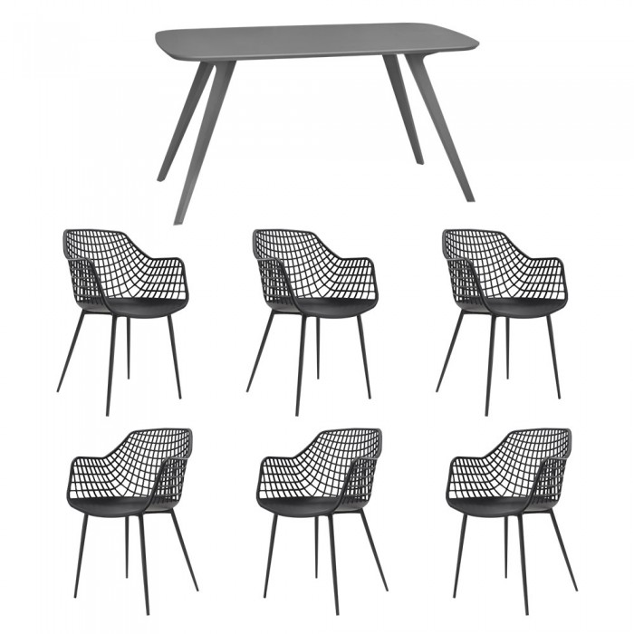 Set mobila bucatarie/sufragerie RAKI, masa gri 140x80xh75cm Keatley MDF/metal si 6 scaune polipropilena/picioare metalice Toyama 56x57xh84cm negre