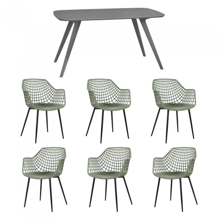 Set mobila bucatarie/sufragerie RAKI, masa gri 140x80xh75cm Keatley MDF/metal si 6 scaune polipropilena/picioare metalice Toyama 56x57xh84cm verde/negru